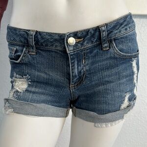 2.1 Denim Blue Jean Shorts with Distressed Cut-Off Style